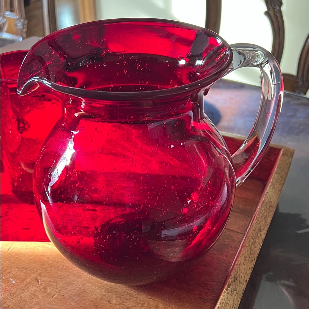 Hand Blown Bubbles Red Glass Pitcher Clear Handle.